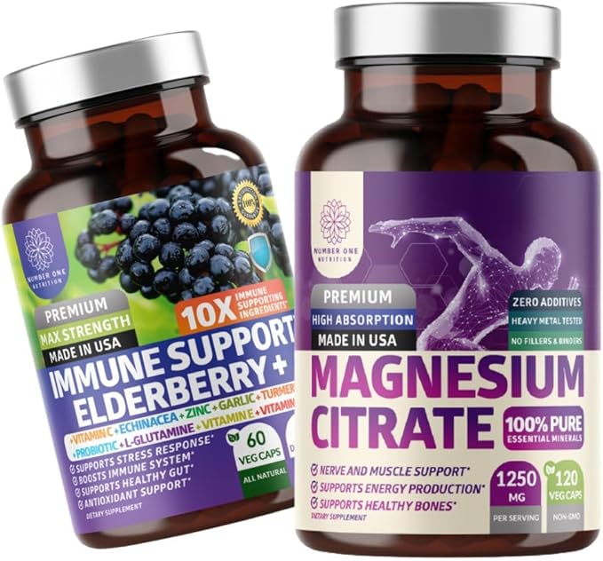Number One Nutrition N1N Premium Magnesium Citrate [1250mg] and Elderberry Immune Support [10 Potent Ingredients] 2 Pack Bundle
