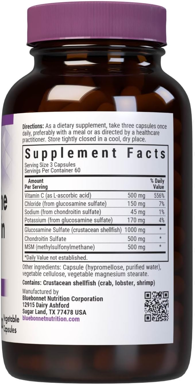 Bluebonnet Nutrition Glucosamine Chondroitin Plus MSM Glucosamine Chondroitin Sulfate Vitamin C &amp OptiMSM Bone &amp Joint Health Non GMO Gluten Free Soy Free Milk Free 180 Vegetable Caps