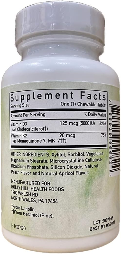 Holly Hill Health Foods D3 + K2 Formula 90 Vegetarian Chewable Tablets