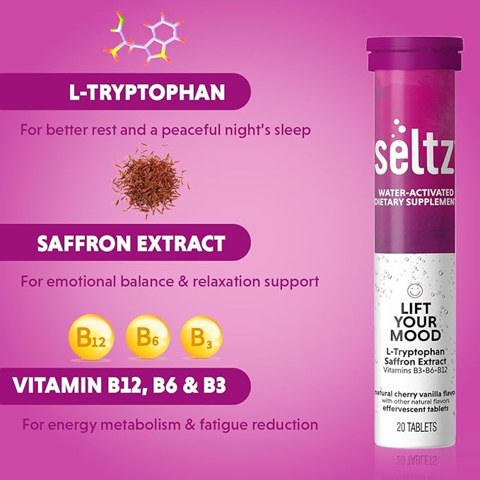 Seltz® Lift Your Mood – Effervescent Vitamins for Mood Support &amp Energy with L-Tryptophan Saffron Extract &amp B Vitamins (B3 B6 B12) – Cherry Vanilla Flavor No Sugar Added 20 Tablets (Pack