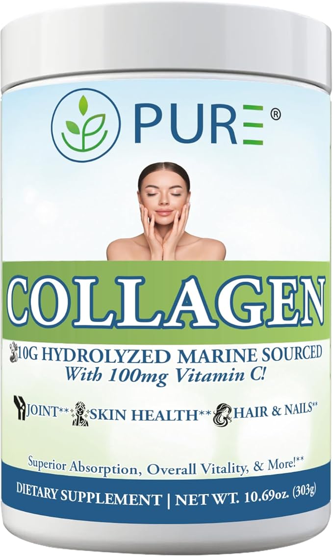 PURE® Hydrolyzed Marine Collagen Powder - 10g Collagen per Serving - 30 Servings Unflavored - with 100mg Vitamin C for Maximum Absorption - Skin Hair Nail &amp Joint Support - Non-GMO Made in USA