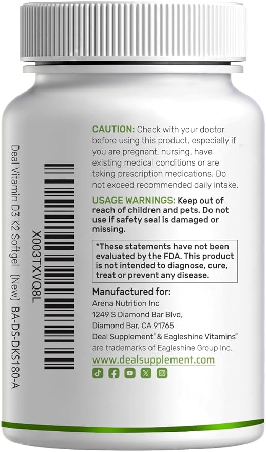 DEAL SUPPLEMENT Vitamin D3 5000 IU + K2 MK7 Softgels 250 Count | 2-in-1 Complex | Easy to Swallow