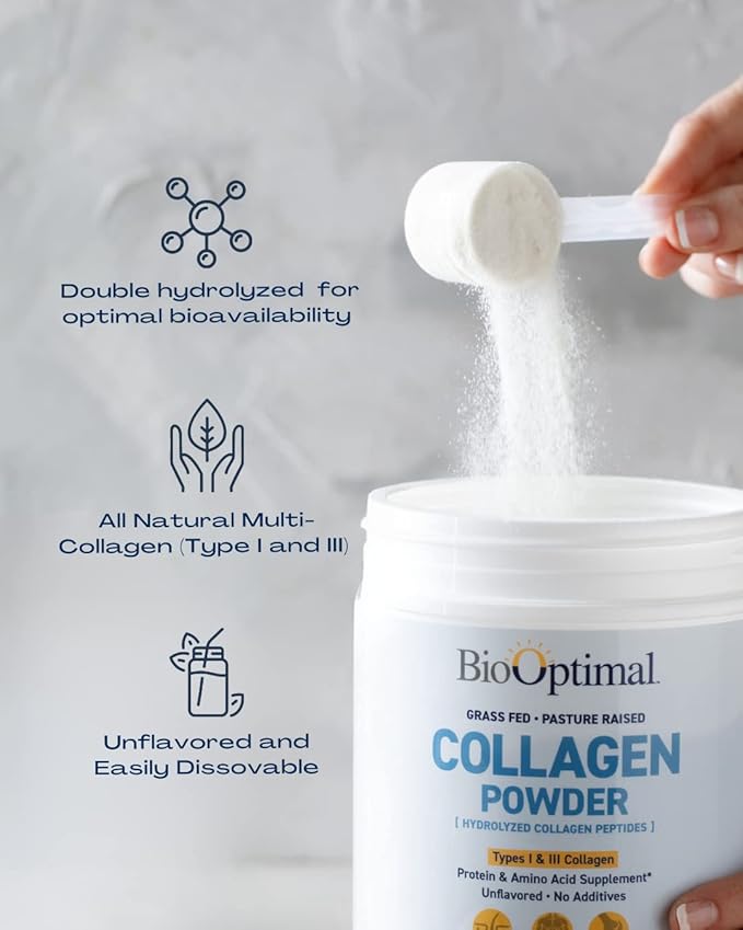 BioOptimal Collagen Peptides Powder - Grass-Fed Pasture-Raised Hydrolyzed Protein Supplement for Skin Hair &amp Nails - Non-GMO Zero Sugar Daily Supplement for Men &amp Women (30 Servings)