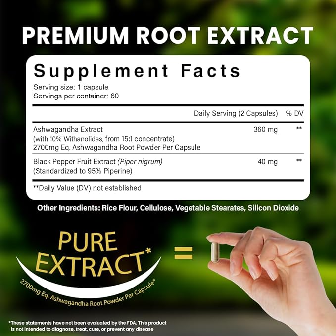 NooMost Organic Ashwagandha 400mg Capsules w/Black Pepper Extract as Vegan Ashwagandha Supplements for Anti Stress Relief Natural Mood Support Energy &amp Focus-60 Capsules