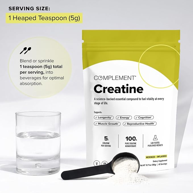 Complement Creatine Monohydrate Micronized Powder - Pre-Workout Post-Workout Muscle Recovery Brain Health Longevity Energy Supplements for Women and Men - Vegan Unflavored (5g 60 Servings)