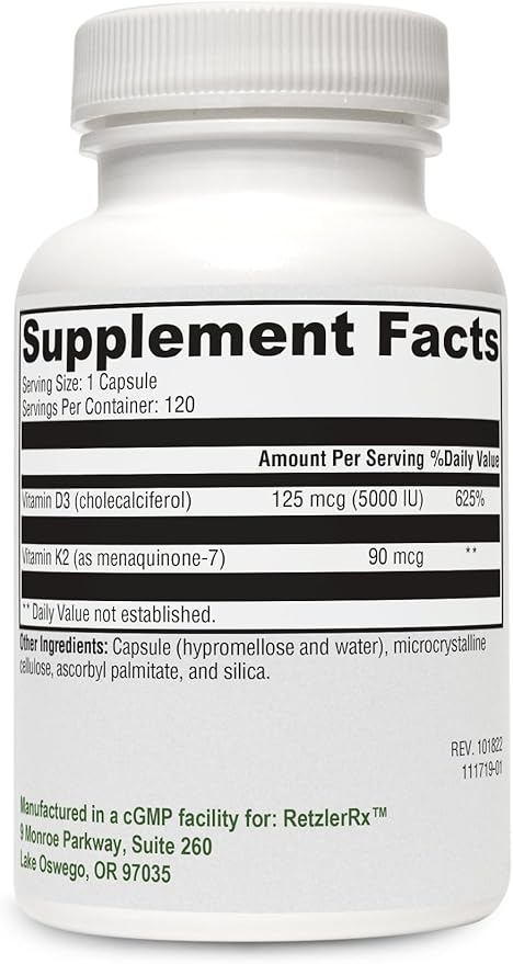HormoneSynergy RetzlerRx® Vitamin K2 + D3 5000 IU Supplement – High Potency Vitamin D3 (Cholecalciferol) with Vitamin K2 MK-7 – Supports Bone &amp Immune Health – 120 Capsules