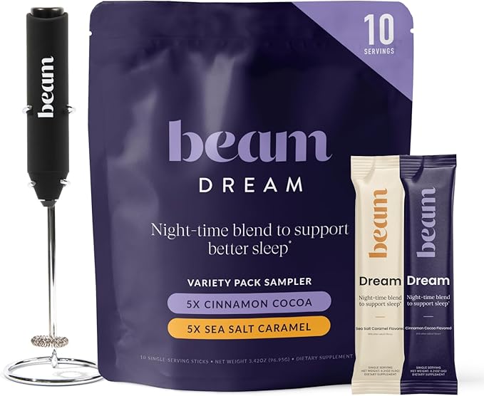 Beam Dream Sleep Powder – Sleep Aid for Adults with Melatonin Magnesium L-Theanine Reishi Mushroom &amp Apigenin Sleep Supplement Sleepy Cocoa Bedtime Drink Mix Starter Set 10 Servings &amp Fr