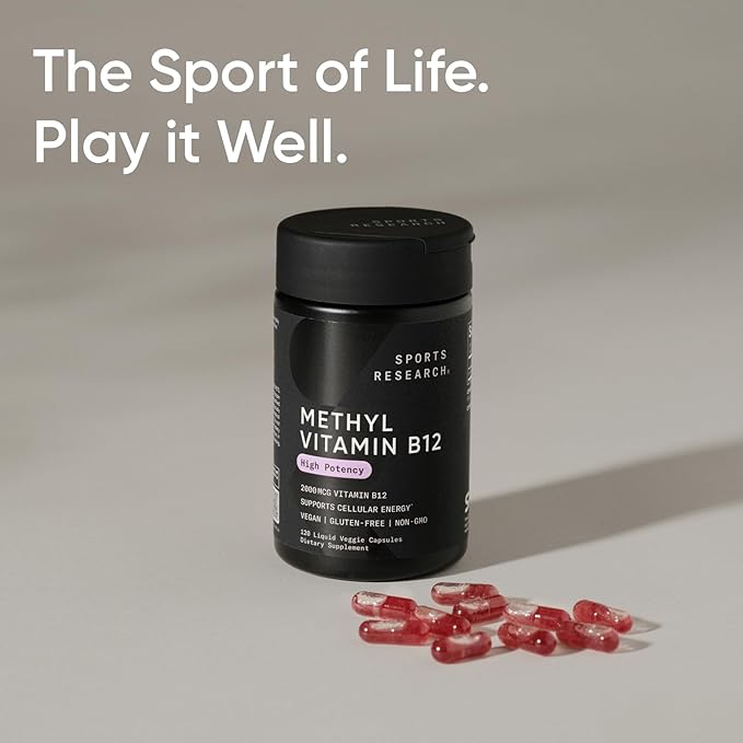 Sports Research® Vitamin B12 as Methylcobalamin 5000mcg - High Potency Vegan B12 w/Coconut MCT Oil for Energy Metabolism Support - Vegan Certified · Non-GMO · Gluten Free - 120 Liquid Caps