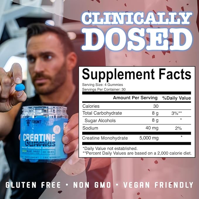 Creatine Monohydrate Gummies 5g Creatine per Serving Sugar-Free Creatine Supplement for Strength Lean Muscle &amp Cognitive Support Sour Blue Razz 120 Gummies