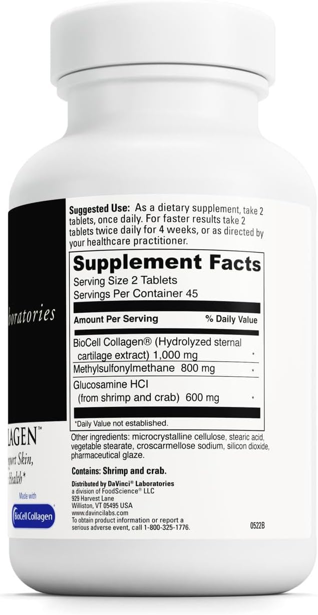 DAVINCI Labs Natures Collagen - BioCell Collagen Supplement with MSM &amp Glucosamine - Helps to Support Joint Health Skin Health &amp Connective Tissues - Gluten-Free - 90 Tablets