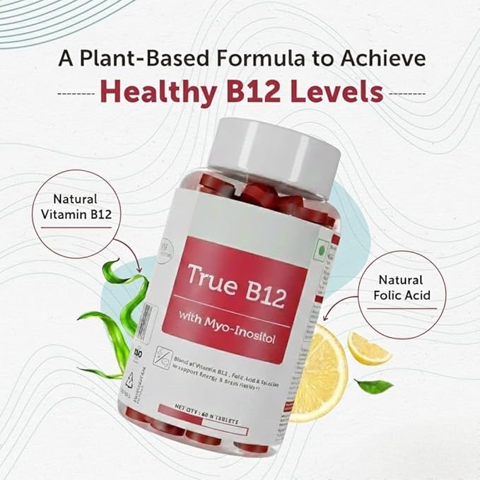 Plant-Based True B12 Supplements for Men &amp Women Folic Acid &amp Spirulina | Supports Energy Better Absorption (60 Tablets)