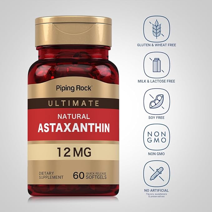 Piping Rock Astaxanthin 12mg | 60 Quick Release Softgels | Extract Supplement | Gluten Free Non-GMO