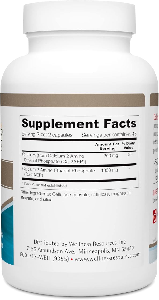 Wellness Resources Calcium AEP - Nerve Support Supplement for Cellular Protection Longevity Cell Membrane Health &amp Myelin Sheath Support - 925mg Ca-2-AEP Per Capsule (90 Capsules)