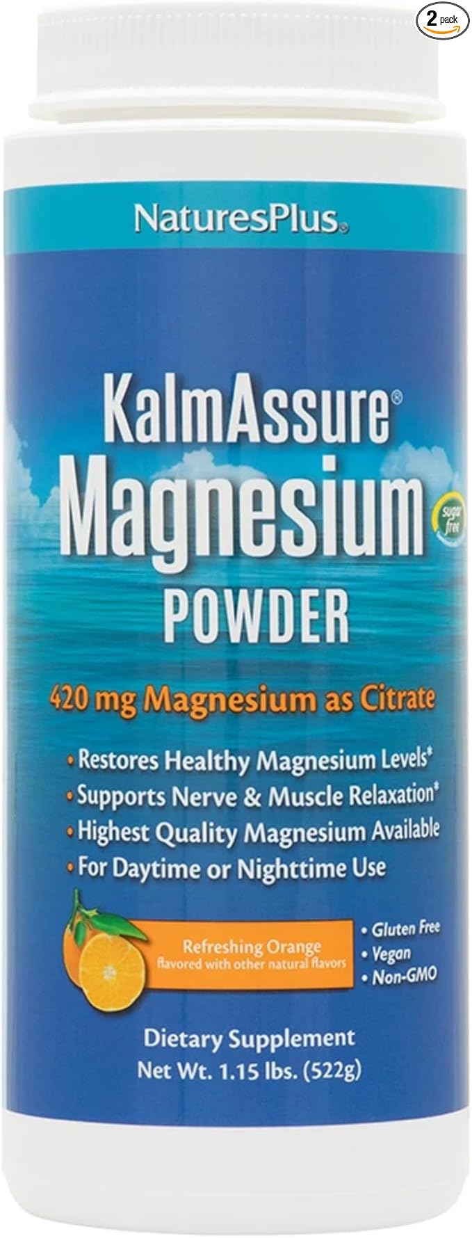 NaturesPlus KalmAssure Magnesium Powder - 1.15 lb Pack of 2 - Orange Flavor - Supports Nerve and Muscle Relaxation - Non-GMO Gluten Free Vegan - 120 Total Servings