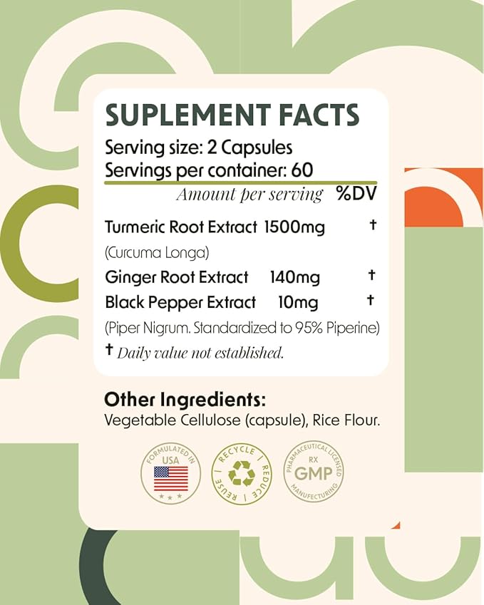 Alpha &amp Omega Nutrition Turmeric 1500mg with Ginger and Black Pepper Joint Support Supplement with Turmeric and Ginger Root Powder 120 Veggie Caps 2 Month Supply