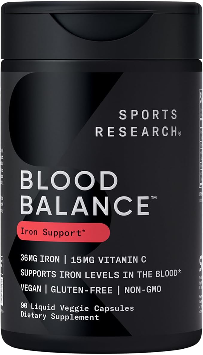 Sports Research Blood Control Pack - Blood Balance Iron Supplement - 36 MG Iron + Folate &amp Vitamin C for Absorption + Omega-3 Fish Oil 1250 + Vitamin D3 + K2 5000 IU