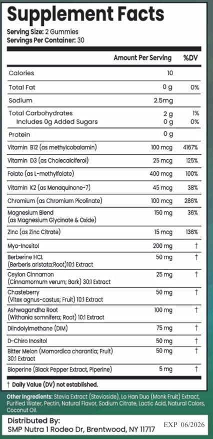 Sugar Free Myo-Inositol &amp D-Chiro Inositol Gummies for Women Berberine Vitamin D3 K2 DIM Magnesium Glycinate Oxide L-Methylfolate Supplement for Women Fertility Hormone Balance PMS Ovarian He