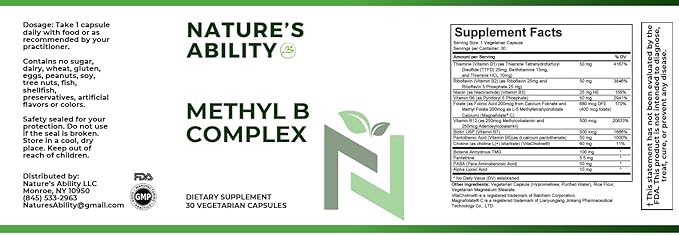 NATURE'S ABILITY Methyl B Complex - Methylated B Vitamins with Folate &amp B12 - Supports MTHFR Energy &amp Metabolism - 30 Vegetarian Capsules