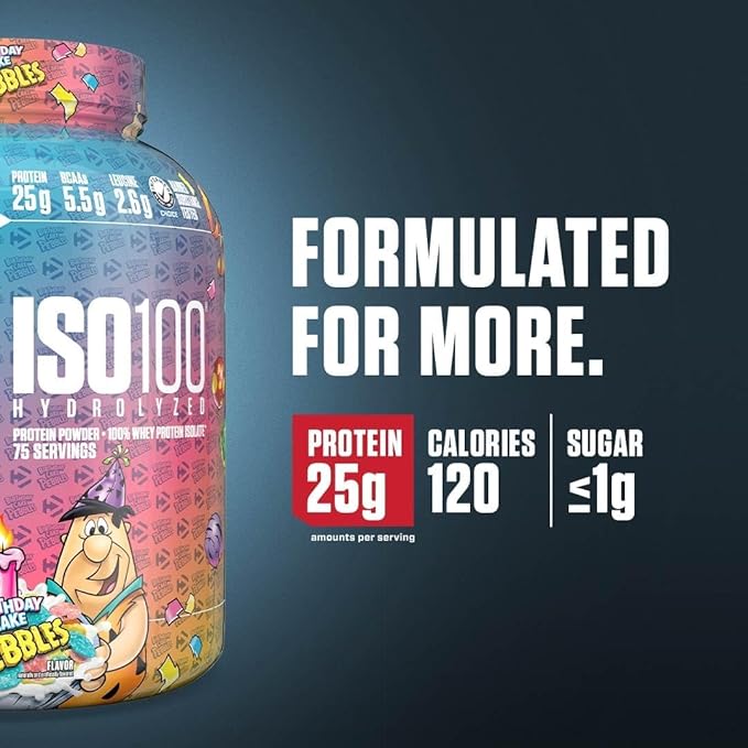 Dymatize ISO100 Whey Protein Powder Isolate Birthday Cake 25g of Protein 5 Pound 5.5g BCAAs Less Than 120 Cal. Gluten Free 1g Fat 1g Sugar 2g Carb (75 Servings)