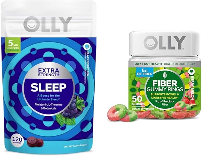 OLLY Sleep &amp Digestive Support - Melatonin L-Theanine Chamomile Gummies (120 Count) &amp Prebiotic Fiber Gummy Rings (50 Count)