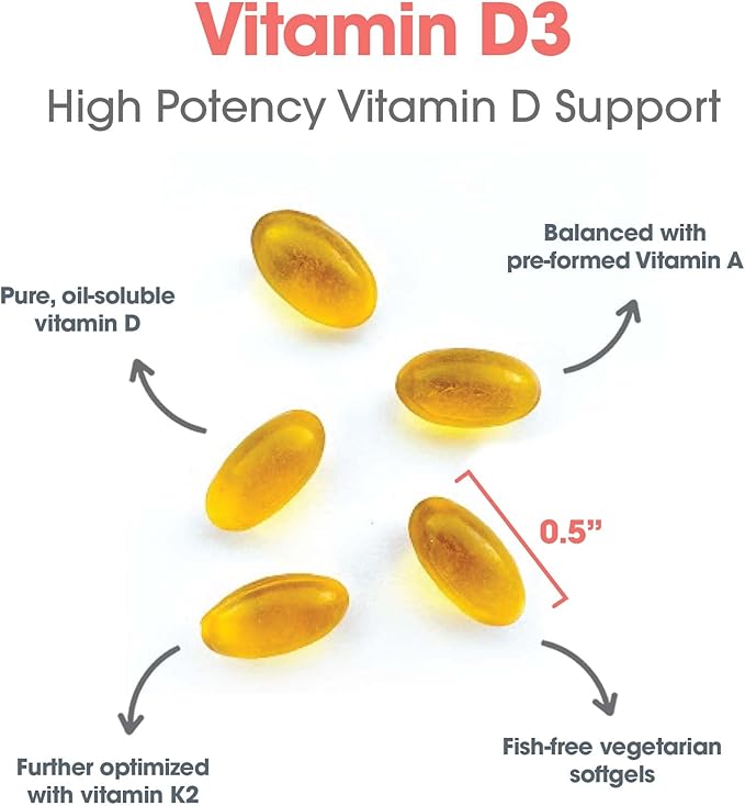 Allergy Research Group Vitamin D3 Complete 5000 - Delivers 125 mcg Vitamin D3 - with Vitamin A &amp K2 - Supports Bone Strength Immune Balance &amp Healthy Mindset - 60 Servings - 60 Capsules