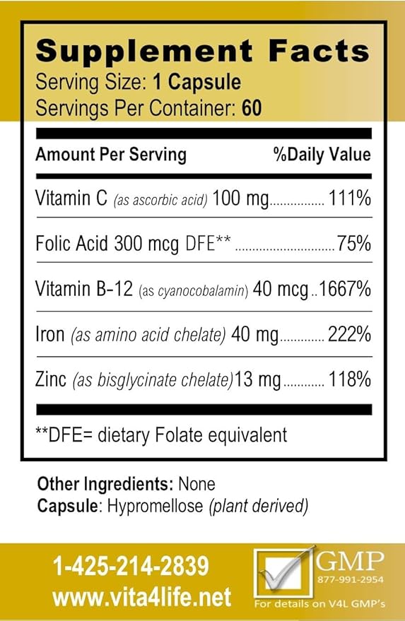 Vita4Life!® Iron Support Plus - 40mg Iron with Vitamin C B-12 Folic Acid &amp Zinc - 60 Capsules - Non-Constipating Formula for Red Blood Cell Support &amp Energy - Vegetarian &amp GMO-Free