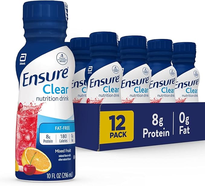 BOOST Breeze Clear Nutritional Drink 9g Protein 250 Nutrient-Rich Calories Wild Berry 8 fl oz &amp Ensure Clear Nutrition Liquid Drink 0g fat 8g of protein Mixed Fruit 10 Fl Oz (Pack of 12)