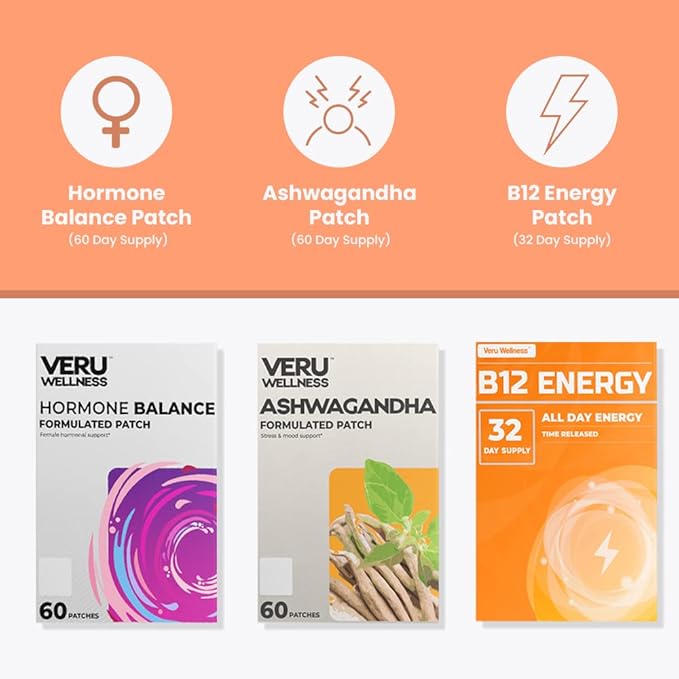 Veru Wellness Hormonal Balance Patch for Women Compete Bundle - Myo-Inositol &amp D-Chiro Ashwagandha B12 Energy - PMS Relief Mensural Support Mood Stress and Energy (2 Month)
