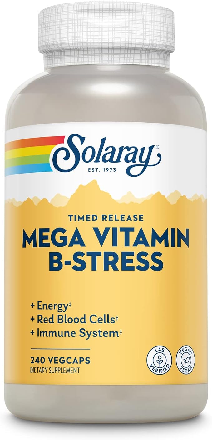 SOLARAY Mega Vitamin B-Stress - Timed Release Vitamin B Complex w/Vitamin B12 B6 Folic Acid VIT. C - Stress Energy Red Blood Cell Immune Support - Vegan 60-Day Guarantee (240 CT)