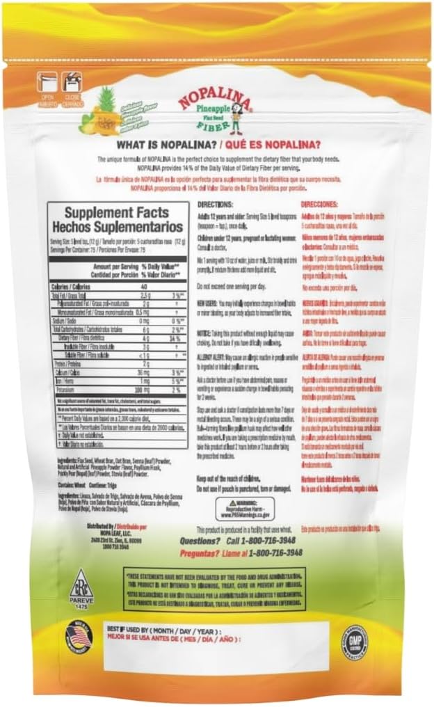 Nopalina Fiber Formula | Pineapple | 2 Lb Bag | 60 Servings | Flax Seed Psyllium Oat and Wheat Bran Omega 3 6 &amp 9 | Can Help with Regularity &amp More | The Original