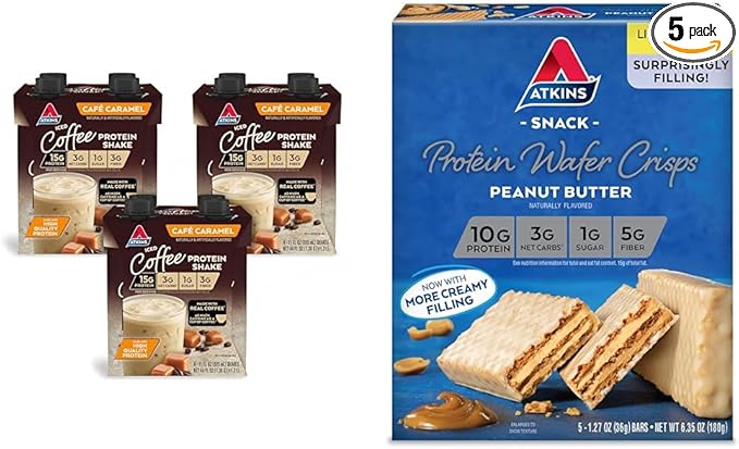 Atkins Café Caramel Protein Shake 15g Protein 3g Net Carb 1g Sugar + Atkins Peanut Butter Protein Wafer Crisps 10g Protein 4g Net Carb 1g Sugar 5 Count