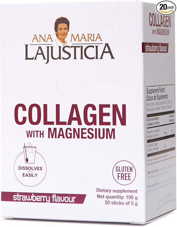 ANA MARIA LAJUSTICIA - Collagen + Magnesium Powder Sticks. Strawberry Flavour - Travel Pack. Hydrolized Collagen for Healthy Skin Bones Nails and Joints. Dairy Gluten and Sugar Free.