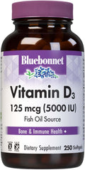 Bluebonnet Nutrition Vitamin D3 5000 IU Softgels Aids in Muscle and Skeletal Growth Cholecalciferol from Fish Oil Non GMO Gluten Free Soy Free Dairy Free Yellow 250 Softgels