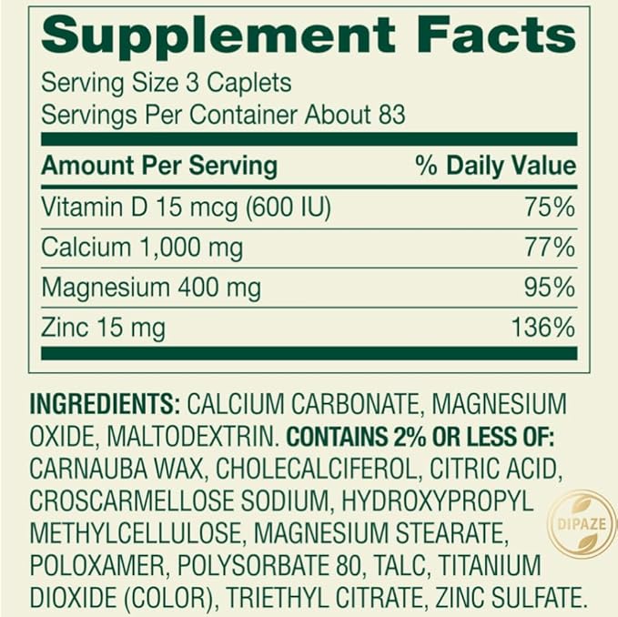 Calcium Magnesium Zinc with Vitamin D3 | Calcium Supplement | Calcium 1000mg Magnesium 400mg Zinc 15mg Vitamin D3 600IU | Calcium Magnesium Supplement | 250 Coated caplets + Dipaze Gift (Container)
