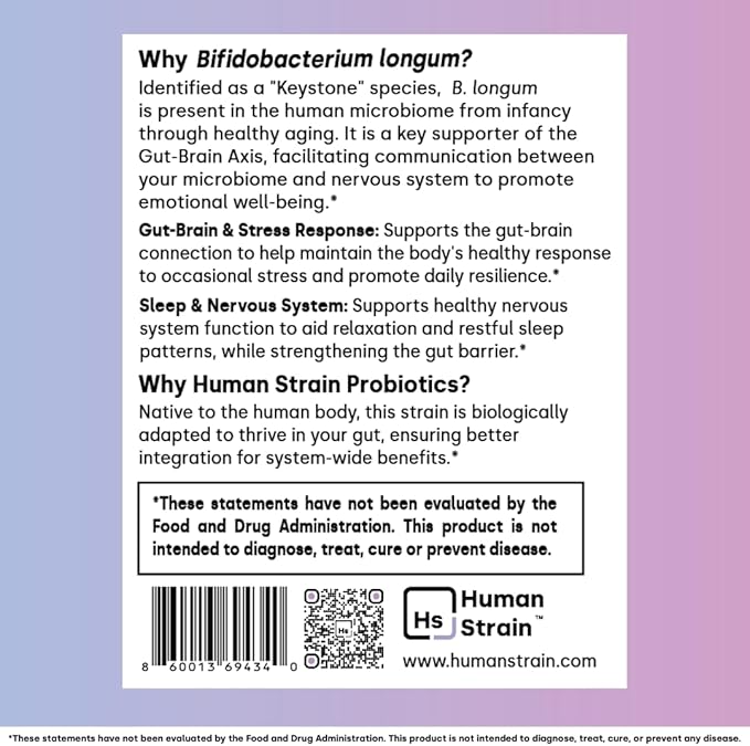 Human Strain Bifidobacterium Longum Probiotic | Gut-Brain Axis Support for Stress Resilience Mood Balance &amp Sleep | Clinically Studied Synbiotic | 30ct (30 Day Supply)