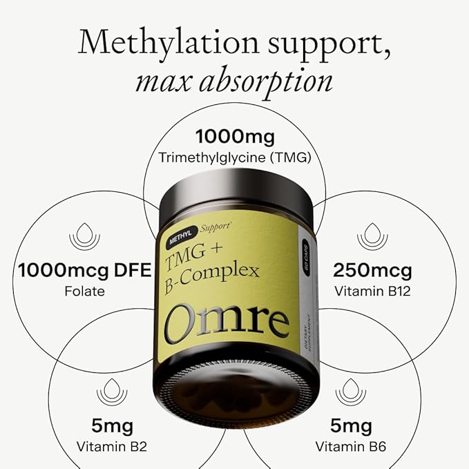 OMRE - TMG (Trimethylglycine) 1000mg with Methyl B Complex — Supports Heart &amp Liver Health — Betaine Supplement Vegan - Methyl Donor
