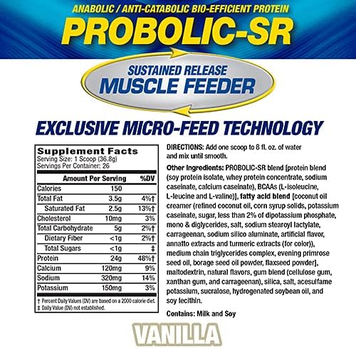 Maximum Human Performance Probolic-SR Sustained Release Protein Powder 24g Protein BCAAs Glutamine Arginine Pre-Workout Post-Workout Nighttime Protein 2lbs 26 Servings Vanilla