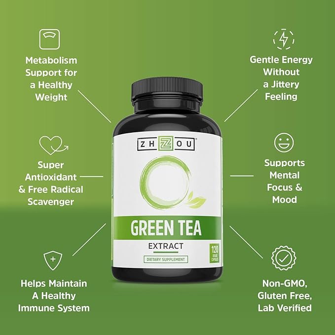 Zhou Green Tea Extract Capsules with EGCG Natural Energy Mental Focus Immune Health Antioxidant and Heart Support Non-GMO Vegan Gluten Free 120 Capsules