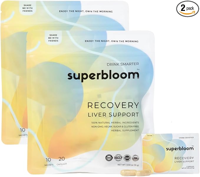 superbloom Recovery Liver Support - 2 Pack | Liver Detox with DHM Turmeric Milk Thistle | 10 Sachets 20 Capsules | Enjoy The Night Own The Morning