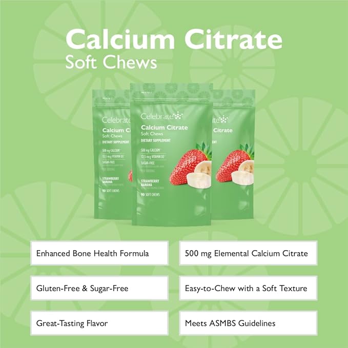 Celebrate Vitamins Bariatric 500mg Calcium Citrate Soft Chews with 500 IU Vitamin D3 – Essential for Gastric Bypass Patients &amp Bone Health - Sugar &amp Gluten Free Strawberry Banana (270 Chews)