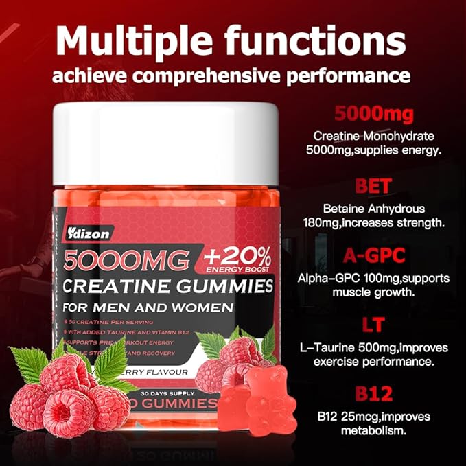 Creatine Monohydrate Gummies Complex for Men &amp Women – 5000mg Creatine per Serving with L-Taurine &amp Vitamin B12 – Pre-Workout Muscle Strength Energy &amp Recovery Support – Vegan Sugar-Free
