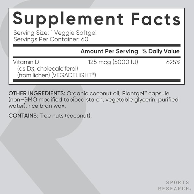 Sports Research® Vegan Supplements Pack - Vegan Vitamin D3 5000iu + Vegan Omega-3 Fish Oil Alternative + CoQ10 (100mg) w/Coconut Oil &amp Bioperine