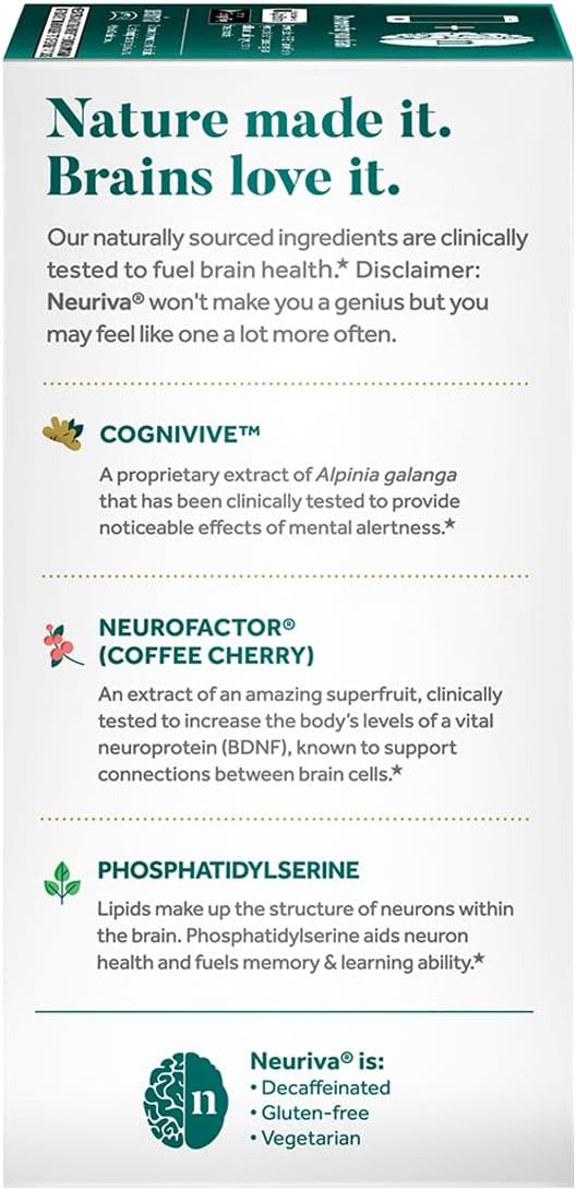 NEURIVA Ultra Decaf Clinically Tested Nootropic Brain Supplement for Mental Alertness Memory Focus &amp Concentration Cognivive Neurofactor Phosphatidylserine Vitamin B6 B12 60 Caps (2 Pack)