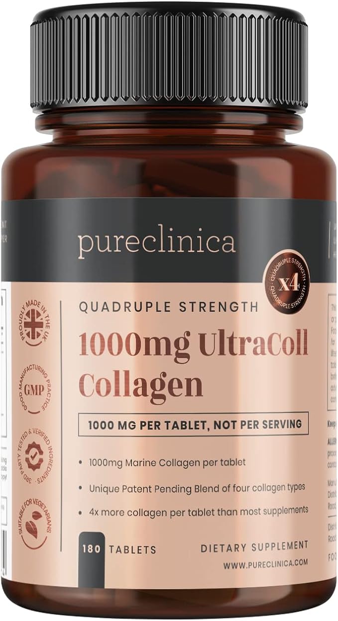 pureclinica UltraColl Marine Collagen 1000mg x 360 Tablets (2 Bottles of 180 Tablets - 6 Months Supply). The only Patented Anti-Aging Collagen Types I II III and VII.