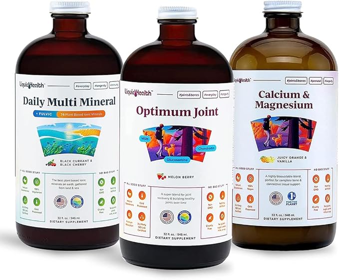 LIQUIDHEALTH Muscles Bones &amp Joints Liquid Vitamin Bundle with Daily Multi Mineral Optimum Joint Liquid Glucosamine and Calcium &amp Magnesium Supplements - Bone &amp Joint Health Energy Ve