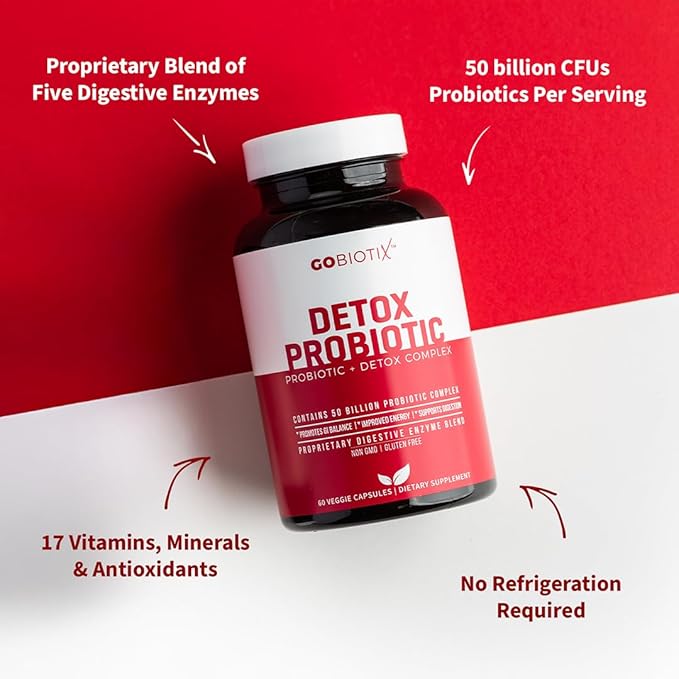 GOBIOTIX Detox Probiotic Supplement for Digestive Health - Milk Thistle Turmeric and Dandelion Root Enzymes for Gut Health - 50 Billion CFU - 60 Capsules