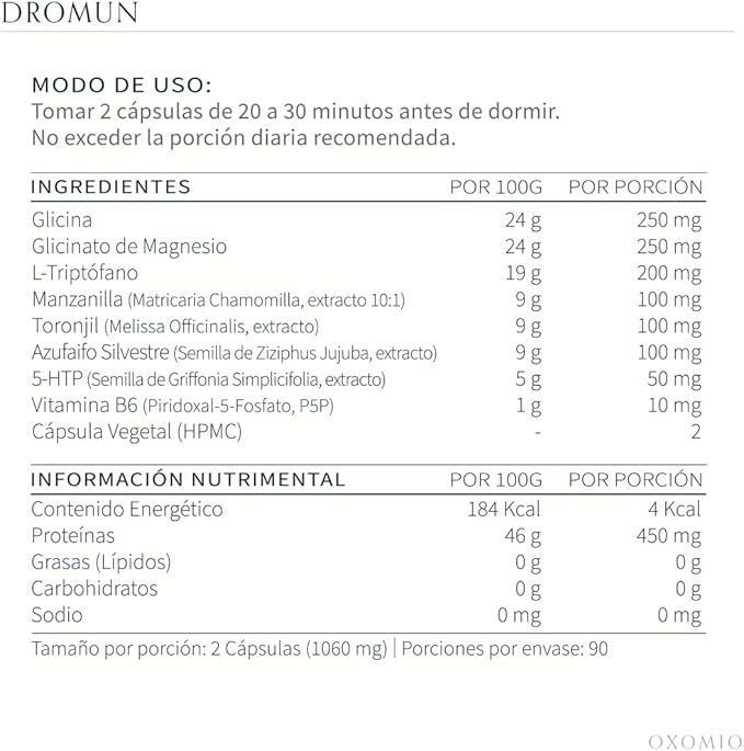Dromun Sleep and Rest Support 100% Natural Nootropic Supplement (180 Capsules) I Glycine Magnesium Glycinate Chamomile Lemon Balm Wild Jujube 5-HTP (Griffonia Simplicifolia Seeds Extract