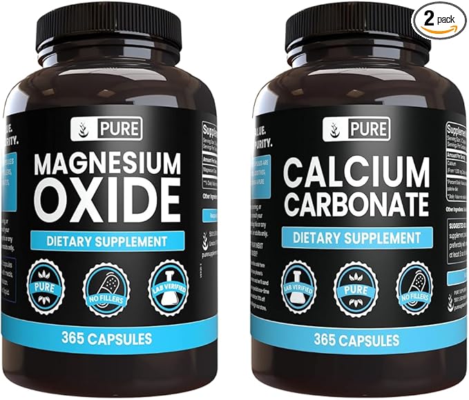 Pure Original Ingredients Calcium Carbonate and Magnesium Oxide Bundle 365 Capsules Each No Fillers Alwasy Pure