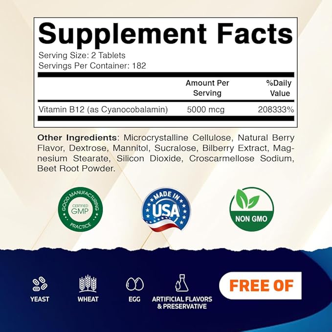 Vitamatic Vitamin B12 5000 mcg – 365 Fast Dissolve Tablets Berry Flavor – Supports Energy Production &amp Nervous System Health – Non-GMO Gluten-Free- 2 Pack