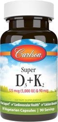 Carlson - Super D3 + K2 125 mcg (5000 IU) Vitamin D3 90 mcg Vitamin K2 as MK-7 Bone Support Calcium Absorption 90 Vegetarian Capsules
